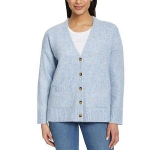 NEW Ella Moss Women Light Blue Heathered V-Neck Button Front Cardigan Sweater L